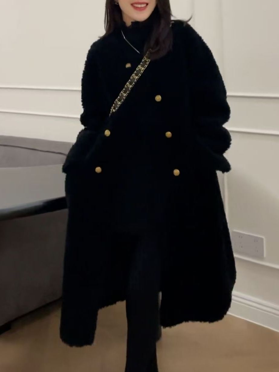 plus Size Mid-Length Lamb Fur  - Wool Coat Peacoat ulasan dan harga