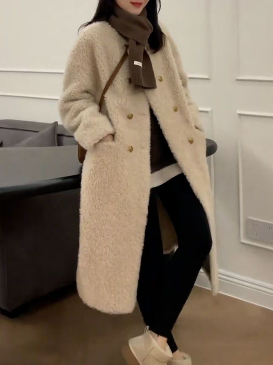 plus Size Mid-Length Lamb Fur  - Wool Coat Peacoat ulasan dan harga
